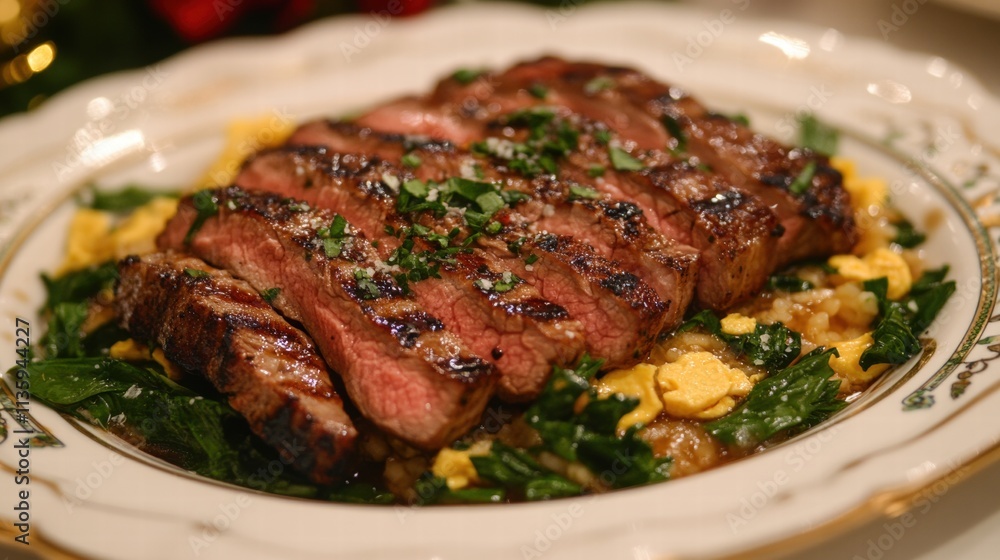 Sizzling strip loin with egg drop soup festive dining table exquisite cuisine cozy atmosphere close-up culinary delight Sizzling strip loin with egg drop soup festive dining table exquisite cuisine cozy atmosphere close-up culinary delight