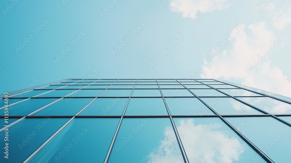 Obraz premium A modern glass building reflecting the sky and clouds, viewed from below.
