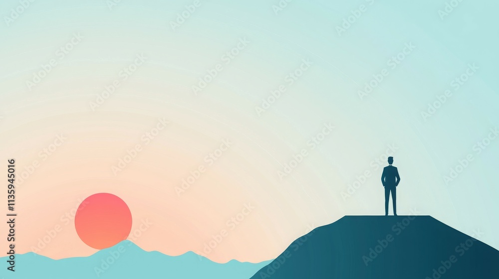 A silhouetted figure stands on a mountain peak, gazing at a large sunset. A silhouetted figure stands on a mountain peak, gazing at a large sunset.