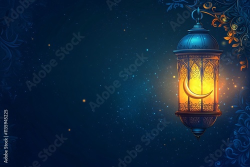 Glowing Ramadan Lantern with Crescent Moon Night photo