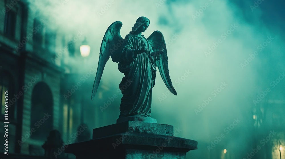 Fototapeta premium Angel statue at night, shrouded in fog, near a building.