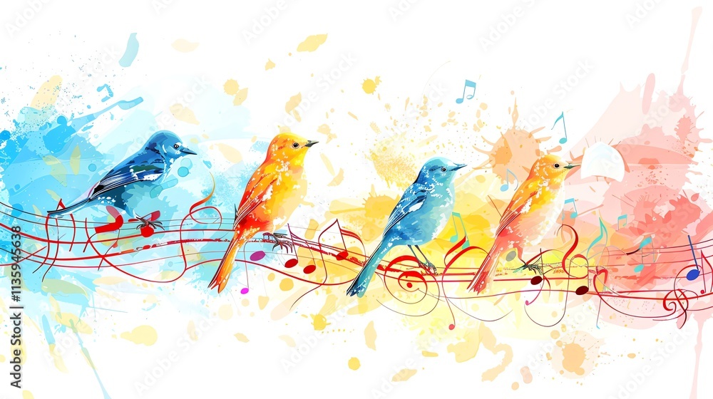 Fototapeta premium Colorful watercolor birds singing on a musical staff.