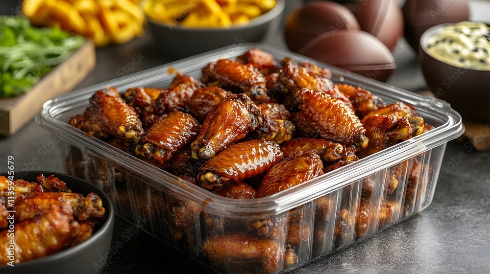 Transparent Food Box Mockup showcases a vibrant assortment of glazed chicken wings, evoking a festive mood with rich colors and inviting textures perfect for gatherings. Transparent Food Box Mockup showcases a vibrant assortment of glazed chicken wings, evoking a festive mood with rich colors and inviting textures perfect for gatherings.