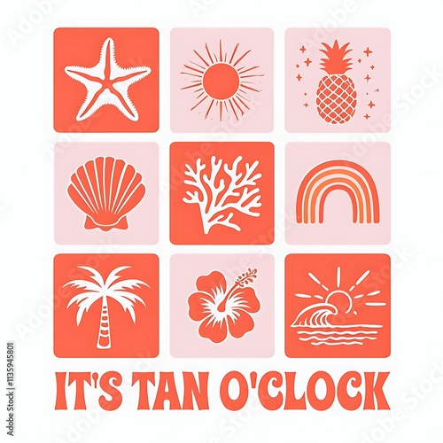 Vibrant Summer Beach Icons with It's Tan O'clock T-shirt