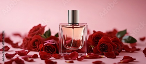 Romantic Perfume Bottle with Red Roses and Petals