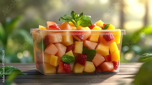 Transparent Food Box Mockup displays a vibrant medley of fresh fruits, captured in a sunny setting. The clear container showcases the colorful, healthy snack, evoking freshness.