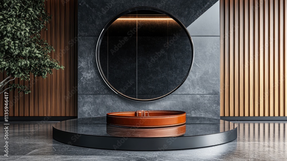 Leather Belt Displayed on Modern Circular Platform Leather Belt Displayed on Modern Circular Platform