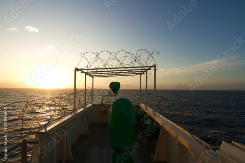 View of the bridge wing of a ship at sea