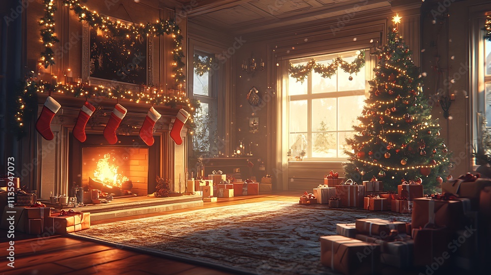 A cozy living room with a glowing fireplace adorned with garlands and hanging stockings, a twinkling Christmas tree decorated with ornaments and lights, wrapped presents scattered on a soft rug, A cozy living room with a glowing fireplace adorned with garlands and hanging stockings, a twinkling Christmas tree decorated with ornaments and lights, wrapped presents scattered on a soft rug,