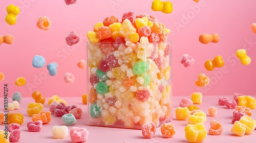 Transparent Food Box Mockup showcases an enticing display of colorful candies, surrounded by a playful swirl of vibrant gummy treats against a soft pink backdrop.