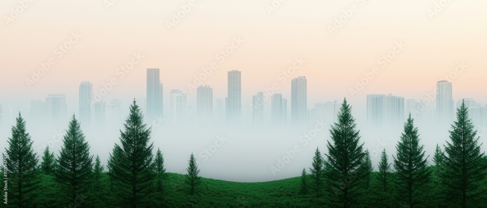 Fototapeta premium A serene skyline emerges through a misty forest at dawn, blending urban architecture with nature's beauty.