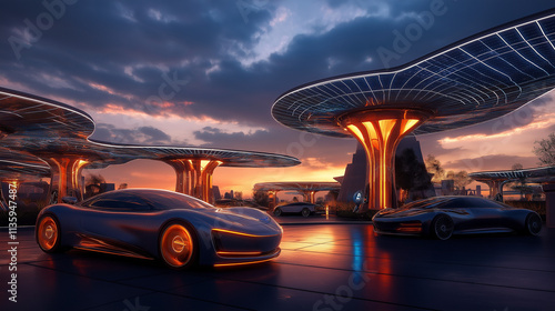 Electric vehicles charging infrastructure at futuristic sunset oasis reducing range anxiety with eco-friendly design photo