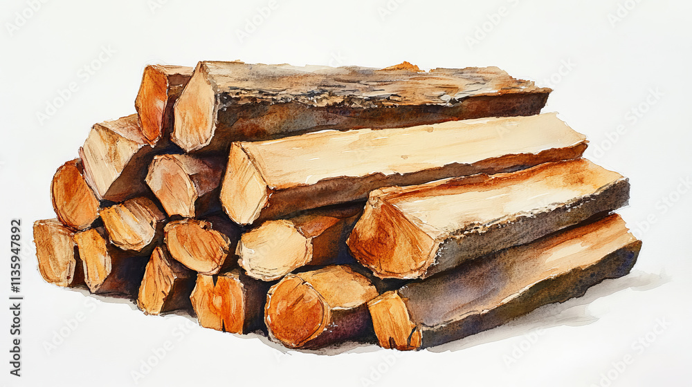 Neatly stacked firewood in watercolor painting style Neatly stacked firewood in watercolor painting style