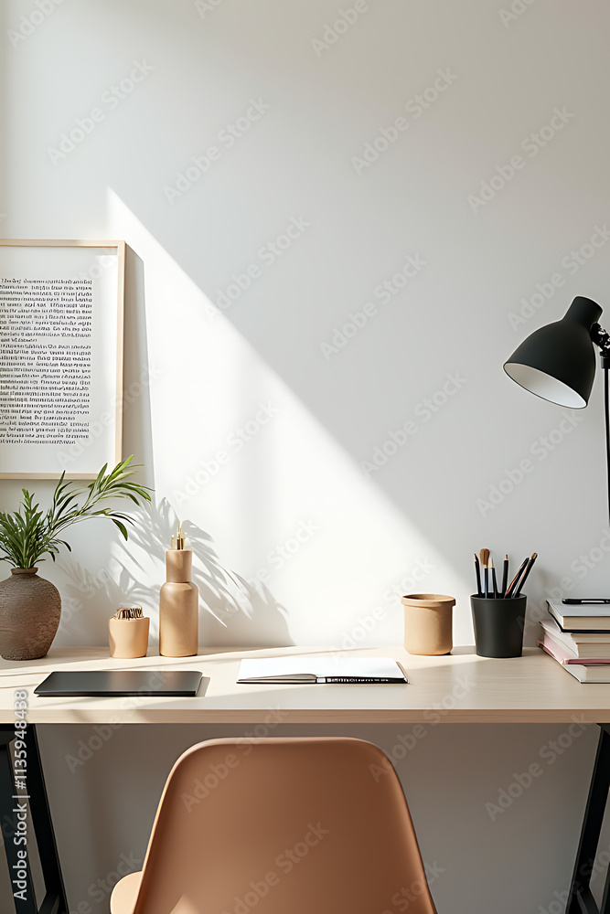 Fototapeta premium office space features a blank desk accompanied by various business accessories that promote motivation and inspiration through creative concepts._00001_