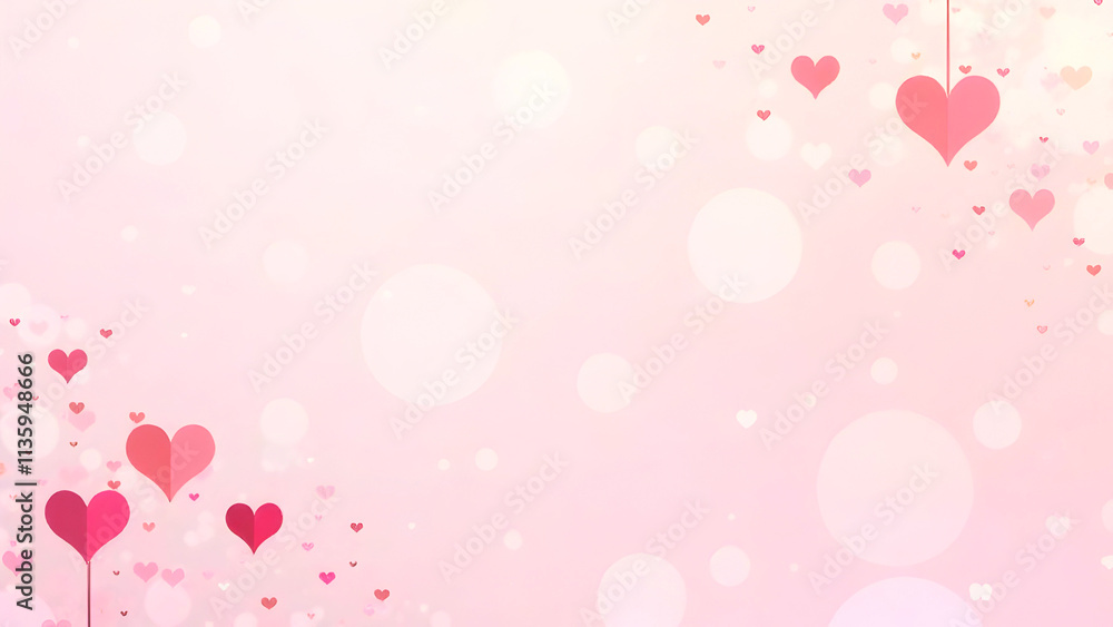 A soft pink background filled with floating hearts and subtle bokeh effects, perfect for romantic posters, Valentine's Day cards, or wedding designs. Selective focus A soft pink background filled with floating hearts and subtle bokeh effects, perfect for romantic posters, Valentine's Day cards, or wedding designs. Selective focus