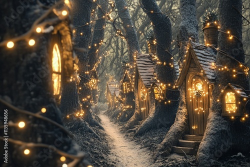 a path through a forest with fairy lights