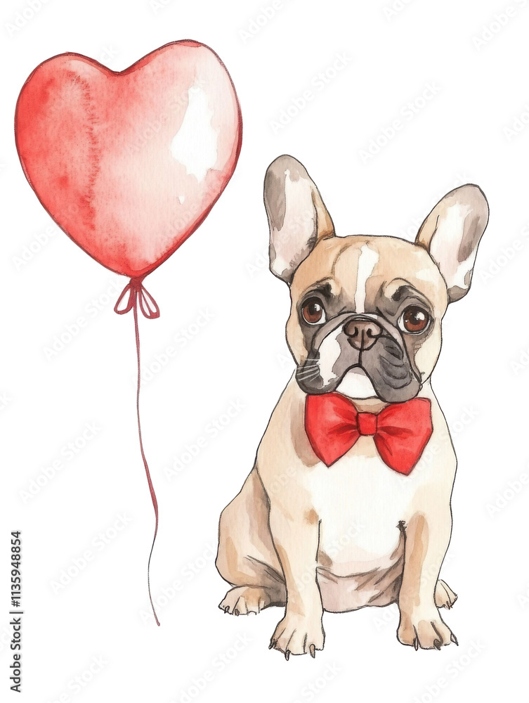 Watercolor painting of a bulldog with heart balloons for Valentine's Day Watercolor painting of a bulldog with heart balloons for Valentine's Day