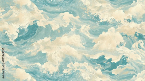 Abstract Ocean Waves Painting in Teal and Beige