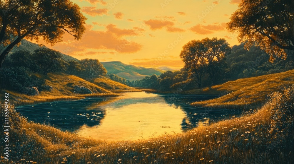 Fototapeta premium Serene Sunset Over Golden Valley Lake
