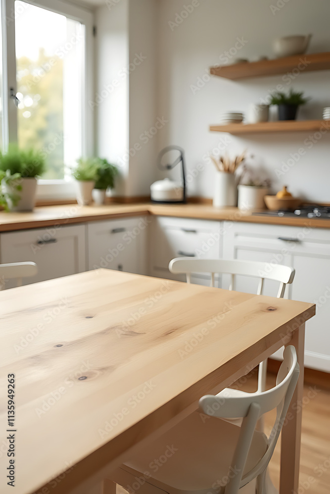 Lightly placed wood tabletop with an abstract design blends into a minimalist kitchen room setting with plenty of space surrounding it._00002_ Lightly placed wood tabletop with an abstract design blends into a minimalist kitchen room setting with plenty of space surrounding it._00002_