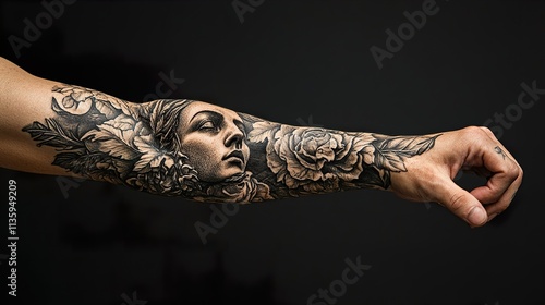 Black and Grey Rose Tattoo with a Woman's Portrait on Forearm photo