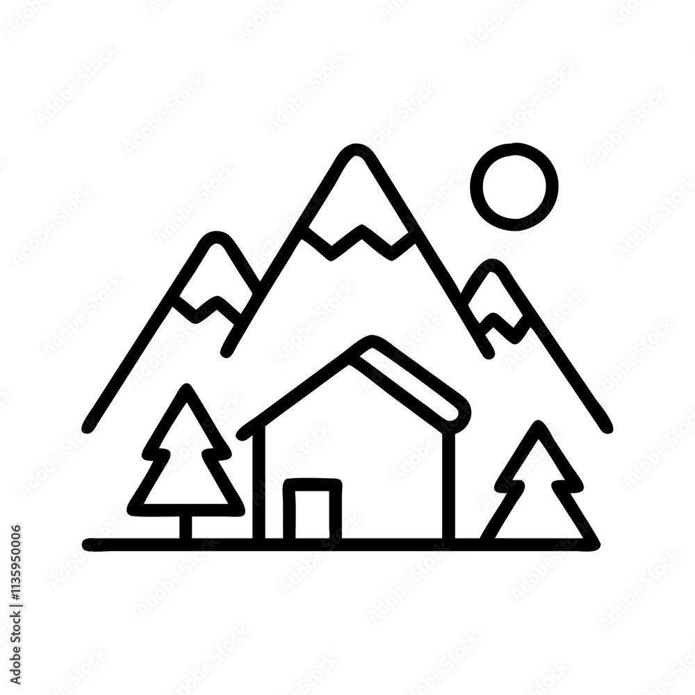 mountain cabin icon, summer line art, summer icon - simple black line art icon of mountain cabin, symbolizing summer celebrations. summer vector art. mountain cabin icon, summer line art, summer icon - simple black line art icon of mountain cabin, symbolizing summer celebrations. summer vector art.