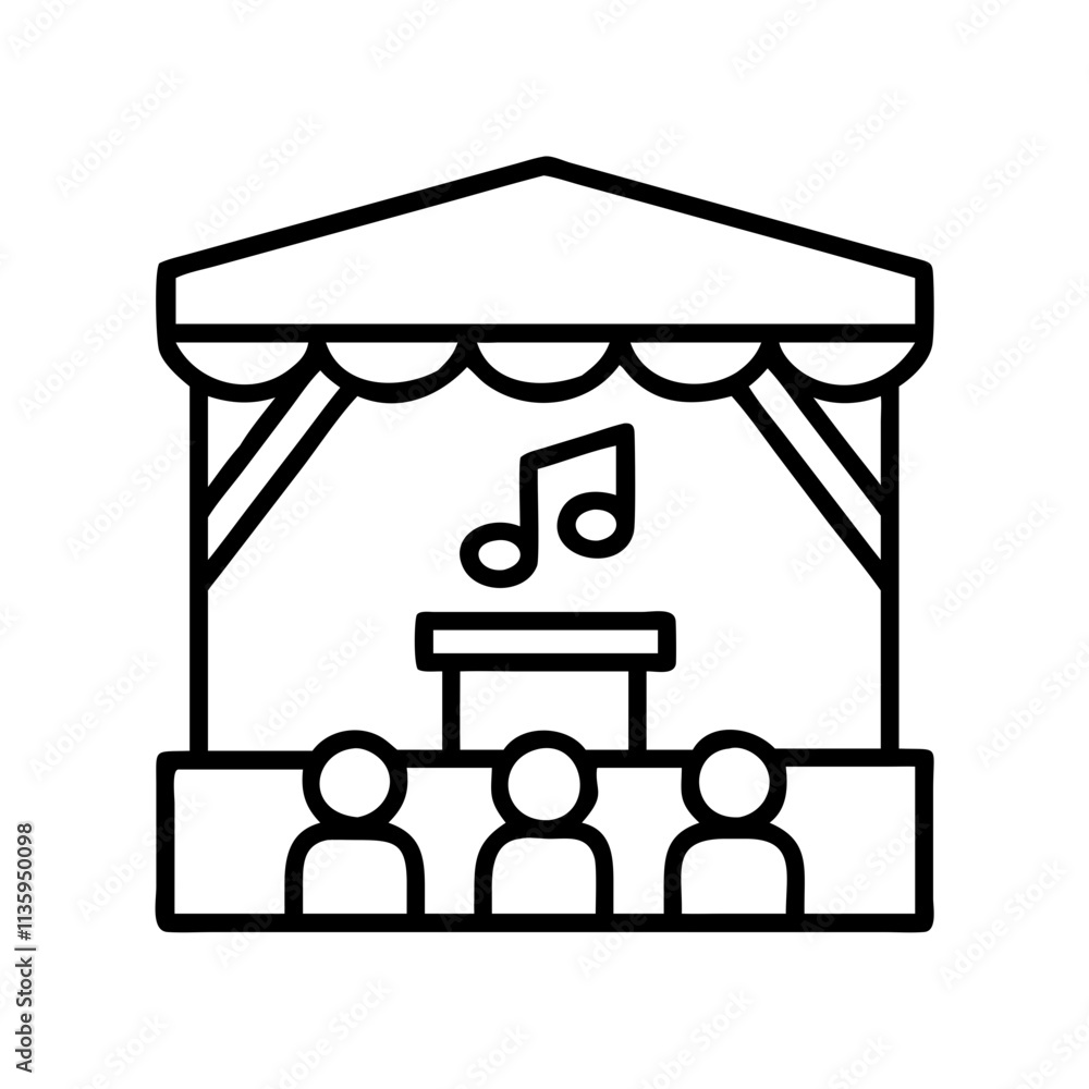 outdoor concert icon, summer line art, summer icon - simple black line art icon of outdoor concert, symbolizing summer celebrations. summer vector art.