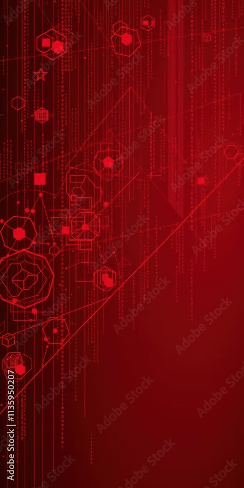 Obraz premium Complex digital abstract matrix design in deep red tones with geometric shapes and patterns, technology, shapes