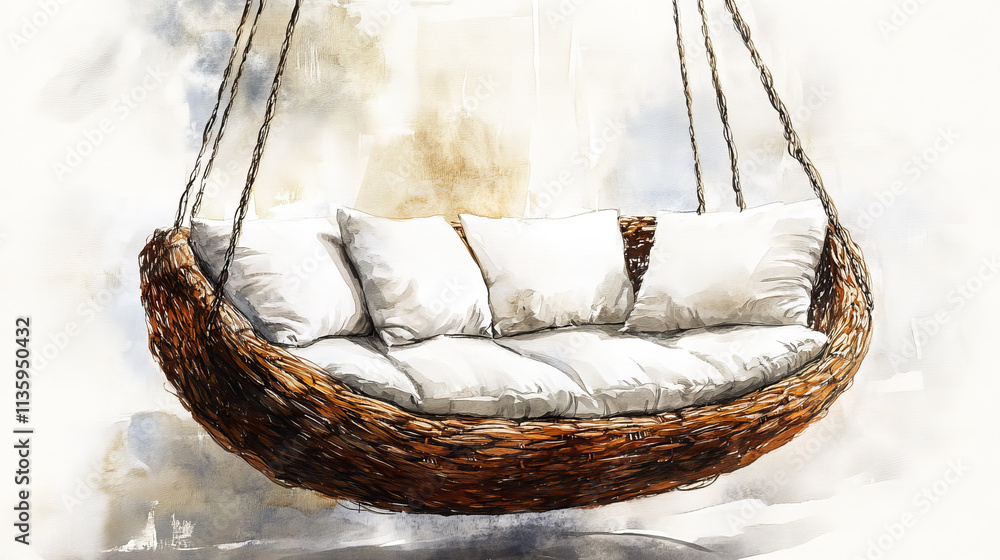 Obraz premium cozy hanging rattan swing with soft white cushions