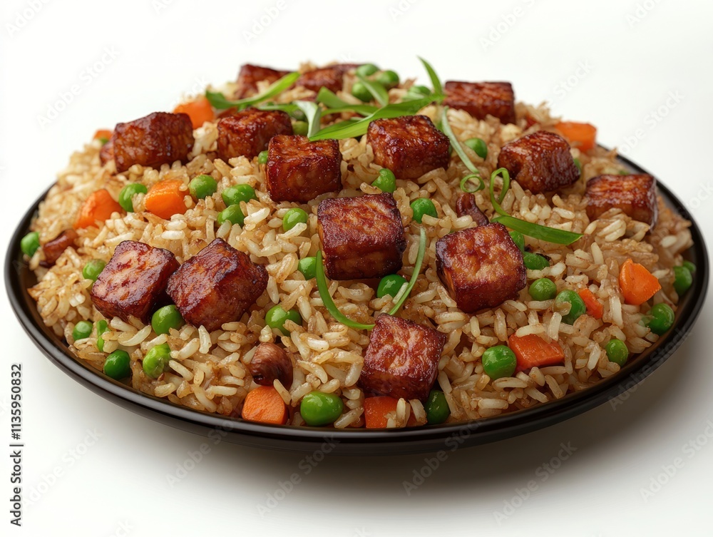 A plate of fried rice topped with cubes of tempeh and mixed vegetables. A plate of fried rice topped with cubes of tempeh and mixed vegetables.