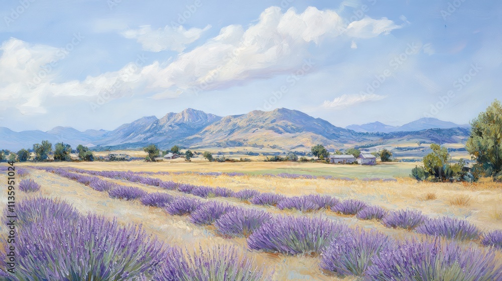 Naklejka premium Lavender Fields Under a Summer Sky and Mountains