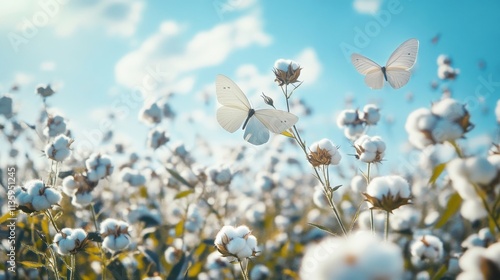 A serene cotton field with white flowers under a bright blue sky. Butterflies gently flutter around, adding beauty to the scene.