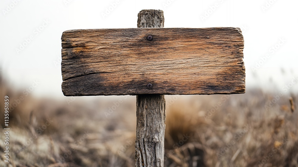 Naklejka premium A weathered wooden signpost stands in a dry field. The blank sign offers space for a message or direction. Rustic charm.