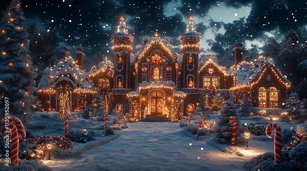 Fototapeta premium A fantastical gingerbread mansion with towering candy cane columns, a roof of sparkling icing and jelly beans, surrounded by frosted gumdrop gardens, snowflakes gently falling,