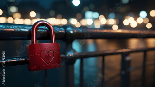 Red love lock with a heart shape on a bridge at night, romantic ambiance, blurred city lights