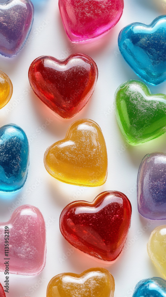 Colorful heart shaped jelly candies create vibrant and playful scene Colorful heart shaped jelly candies create vibrant and playful scene