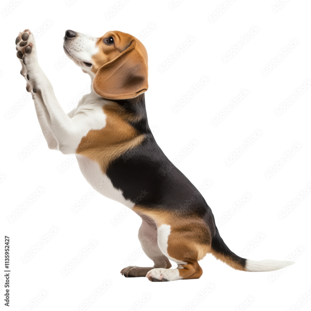 Beagle dog performing a high-five pose on a transparent background in PNG format Beagle dog performing a high-five pose on a transparent background in PNG format
