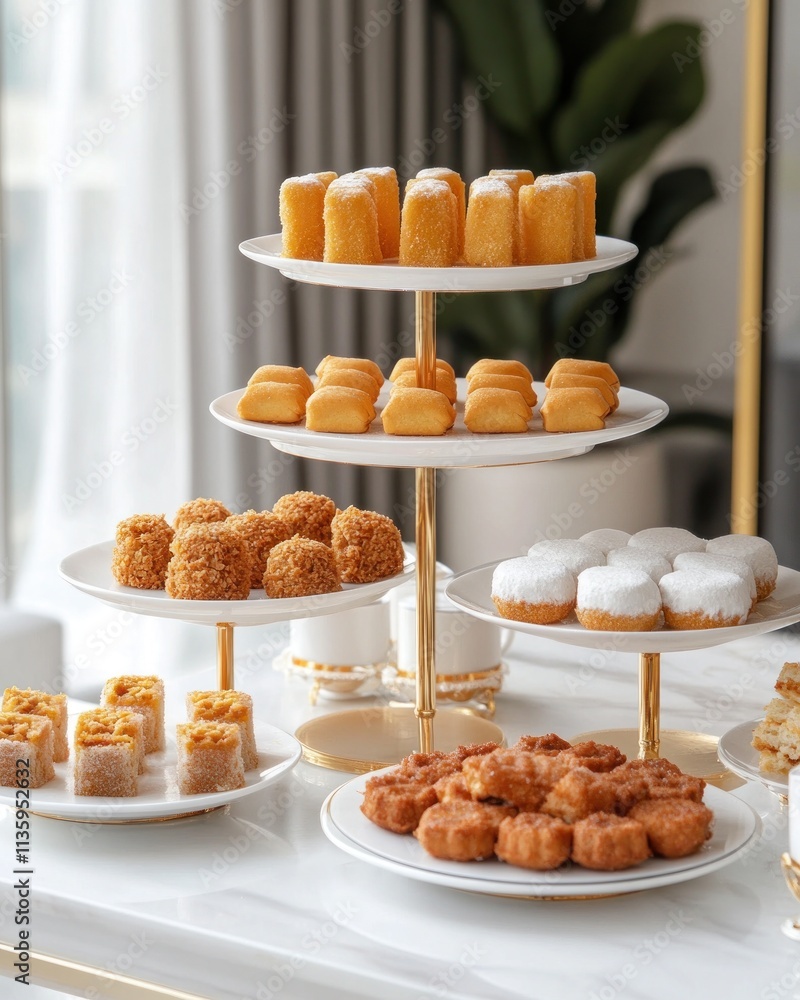 A tiered dessert display featuring various sweet treats for an elegant gathering. A tiered dessert display featuring various sweet treats for an elegant gathering.