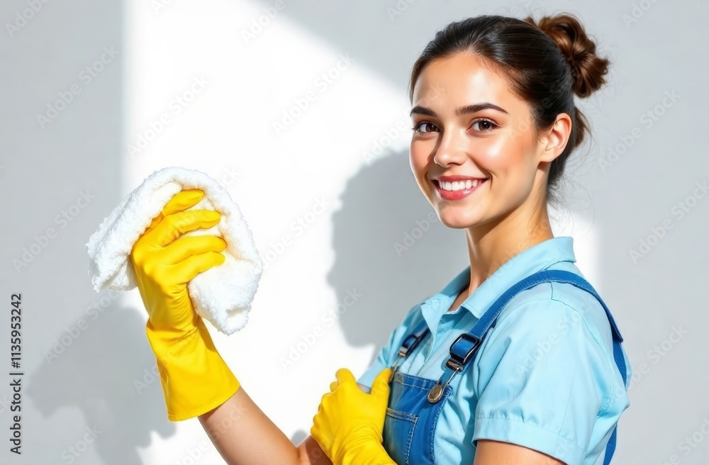A cheerful woman wearing yellow gloves is actively cleaning with a cloth in a well-lit indoor area. Her positive energy and focus highlight her dedication to maintaining a tidy environment. A cheerful woman wearing yellow gloves is actively cleaning with a cloth in a well-lit indoor area. Her positive energy and focus highlight her dedication to maintaining a tidy environment.