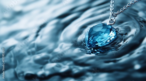 A Blue Gemstone Pendant Suspended in Rippling Water