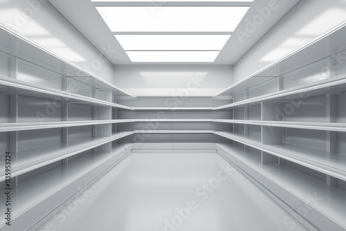 Empty white shelves in brightly lit sterile room aisle