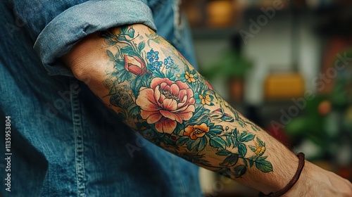 Floral Tattoo on Man's Arm: Colorful Botanical Ink Art photo