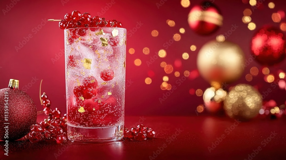 A tall glass of Christmas-themed cocktail with ice and red berries, with some gold decorations in the background A tall glass of Christmas-themed cocktail with ice and red berries, with some gold decorations in the background
