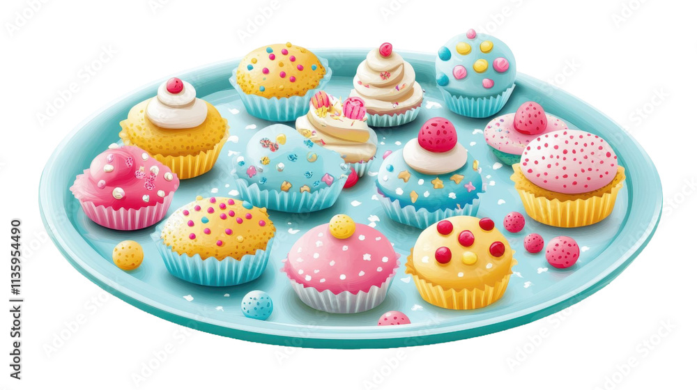 A Delightful Collection of Colorful Cupcakes on a Teal Plate A Festive Bakery Treat A Delightful Collection of Colorful Cupcakes on a Teal Plate A Festive Bakery Treat