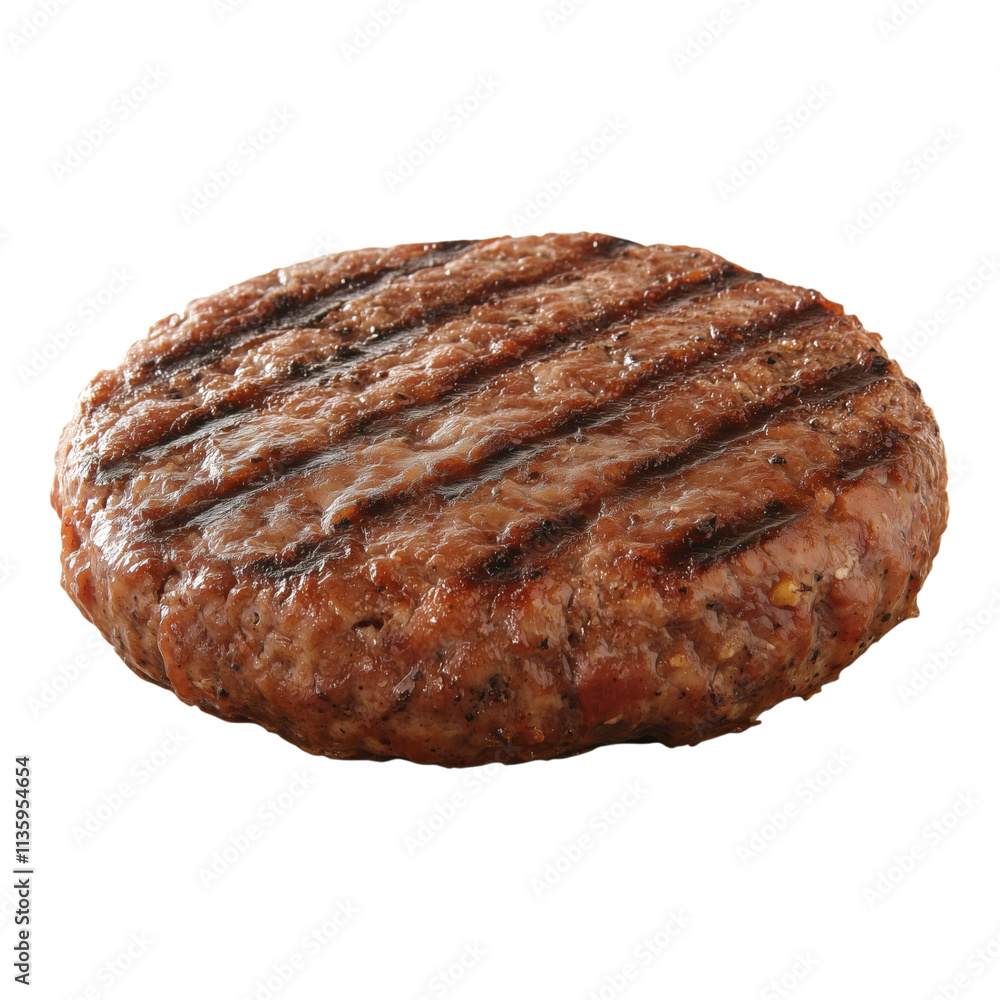 Juicy smoky Angus burger patty isolated with a transparent background, perfect for food marketing and restaurant menus Juicy smoky Angus burger patty isolated with a transparent background, perfect for food marketing and restaurant menus