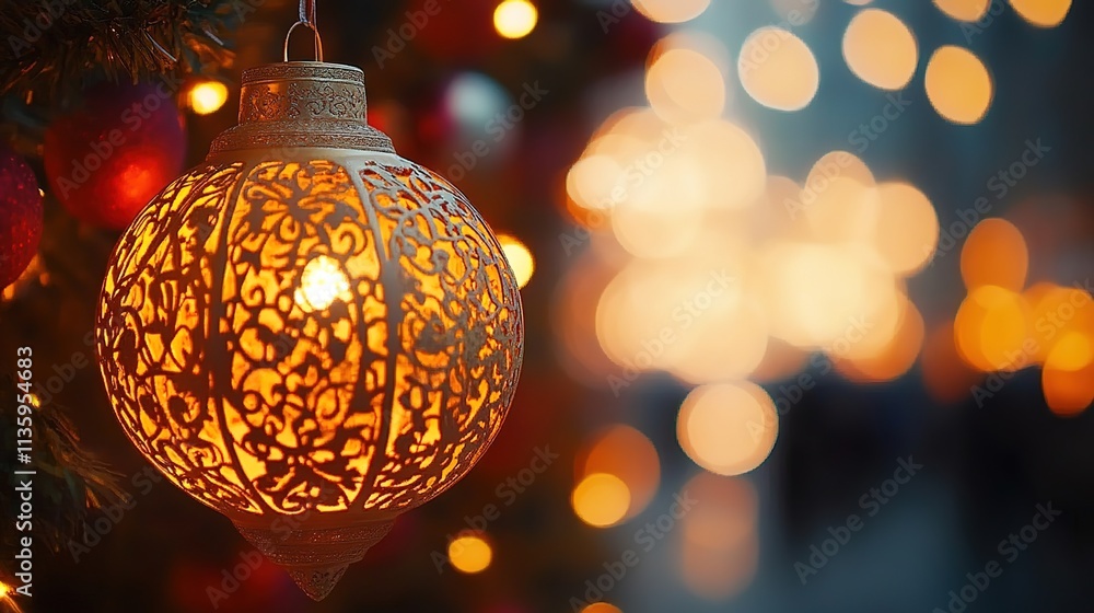 Close-up of an intricately carved lantern, glowing softly with warm light against the blurry background of festive decorations. Close-up of an intricately carved lantern, glowing softly with warm light against the blurry background of festive decorations.