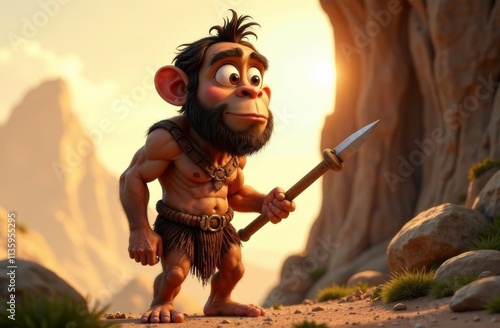 A small, cartoonish caveman stands confidently on rocky terrain, gripping a spear. He is surrounded by mountains, bathed in warm sunset light, showcasing a playful take on early human life. photo