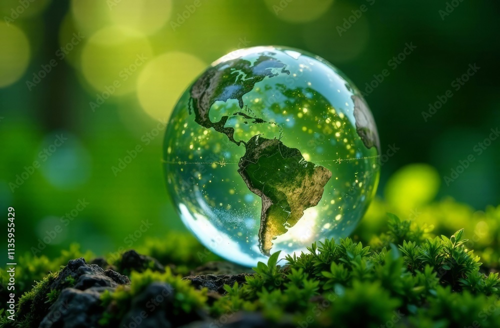 A glass globe showcasing continents rests on vibrant moss, illuminated by soft glowing lights. A glass globe showcasing continents rests on vibrant moss, illuminated by soft glowing lights.