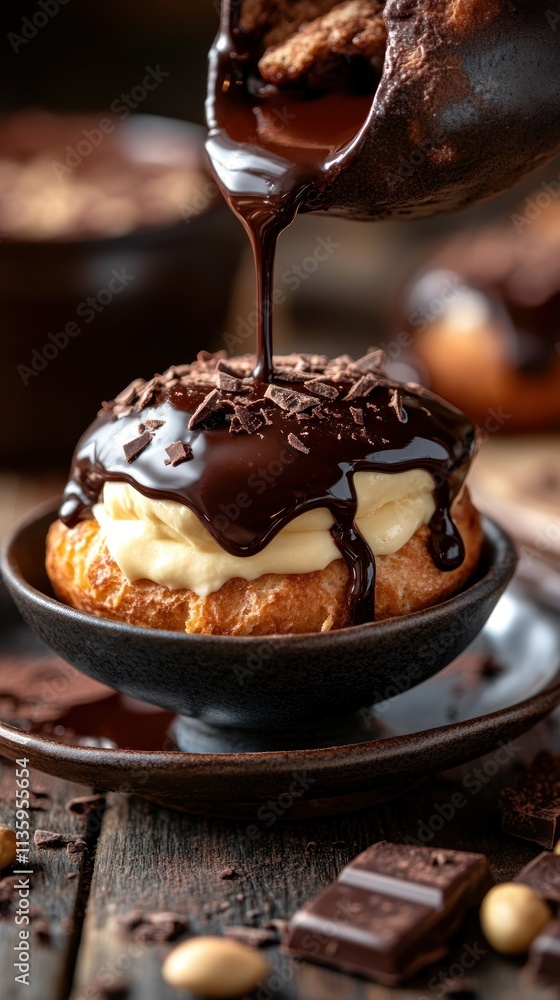 A decadent dessert with chocolate sauce pouring over a creamy-filled pastry on a rustic table. A decadent dessert with chocolate sauce pouring over a creamy-filled pastry on a rustic table.