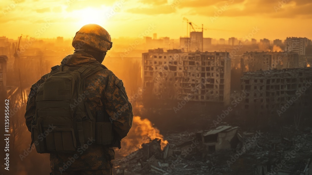 A soldier stands vigil at sunset, watching over a city ravaged by war and destruction, capturing a moment of reflection and resilience. A soldier stands vigil at sunset, watching over a city ravaged by war and destruction, capturing a moment of reflection and resilience.